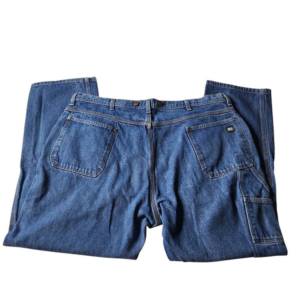 Key Mens Jeans Carpenter Blue Denim Workwear Medium Wash Straight Leg 46X32 - Picture 7 of 11